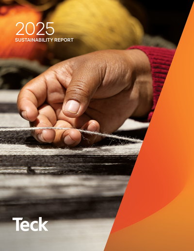 Hand weaving yarn, 2025 Teck Sustainability Report cover, orange gradient accent.